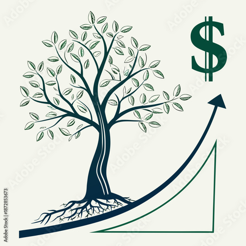 Tree with dollar sign and growing graph growth graph