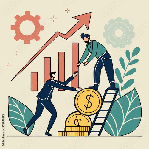 Of two businessmen pushing a coin up a ladder with graph and gears in background