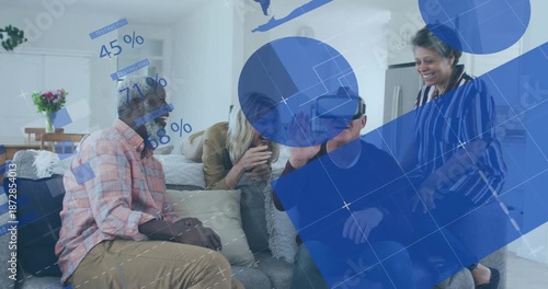 Animation of infographic interface over diverse senior friends having fun wearing vr headset