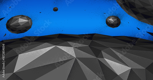 Low poly illustration of a planet terrain with satellites flying in space, vector wallpaper art of sci-fi astronomy, science fiction background.