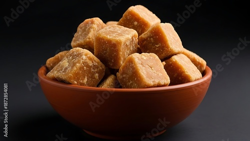 Rustic Bowl of Golden Jaggery Cubes, Natural Unrefined Sweetener, Indian Cuisine Ingredient