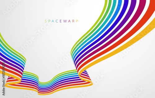 Rainbow colored lines in 3D perspective vector abstract background, curve stripes tapes happy positive emotion wallpaper, joyful warped ribbon.