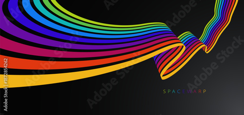 Rainbow colored lines in 3D perspective vector abstract background, curve stripes tapes happy positive emotion wallpaper, joyful warped ribbon.