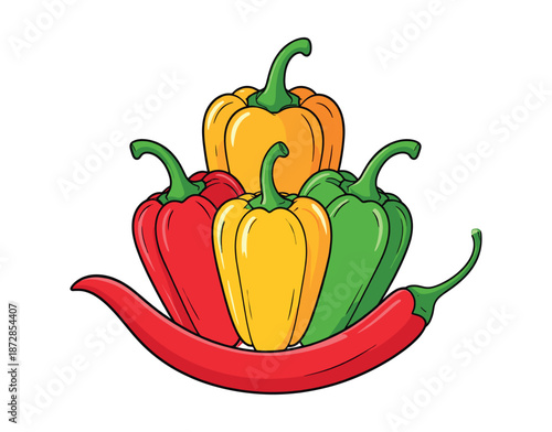 Set of colorful bell peppers and red chili peppers featuring fresh green, yellow, and red capsicums isolated on white background.