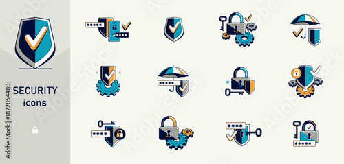Safety and security vector detailed icons set, lock and password, virus risk cybersecurity, account privacy protection.