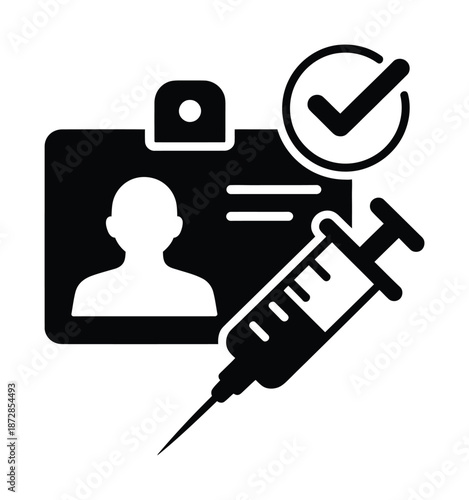 A vector image displaying a vaccination card and syringe with a checkmark