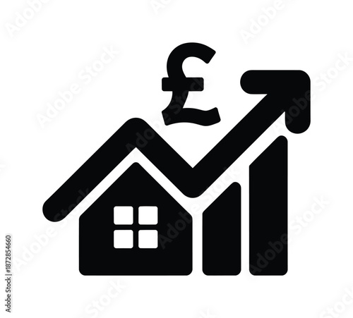 A vector icon of a house with a rising graph and pound symbol