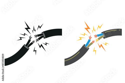 Electric wire breaking with colorful sparks and lightning bolts flying out