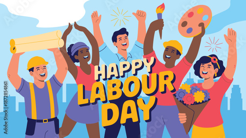 Happy Labour Day diverse workers celebrating professions cityscape illustration