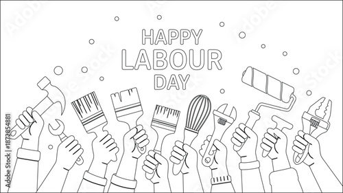 Happy Labour Day hands holding diverse work tools and scattered circles