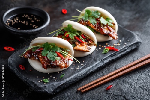 Tasty chicken bao buns served on a slate plate with fresh herbs and sauce for a delightful meal experience © Iftikhar alam