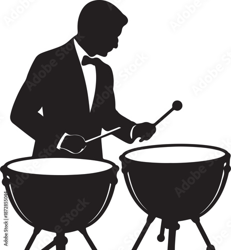 Drummer playing timpani in formal attire silhouette vector illustration, musician, percussionist, orchestra, concert, elegant performance, vector Art, minimalist design