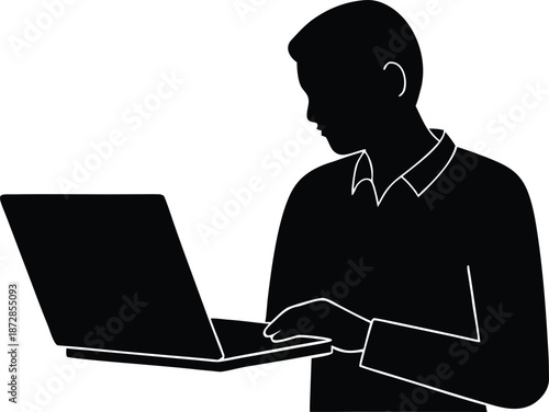 E-learning student typing notes on laptop, online education, remote study, digital classroom, distance learning, productivity, home office silhouette vector