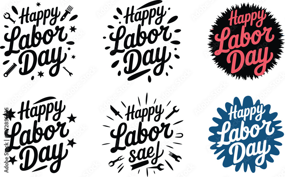 Fototapeta premium Happy Labor Day text in multiple calligraphic and typographic styles