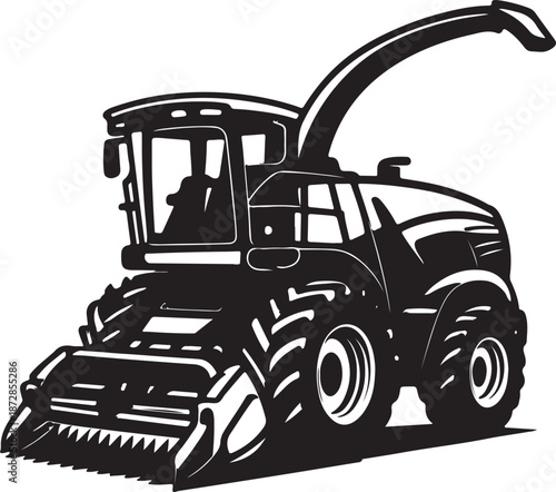 modern agricultural forage harvester with large tires and cutting header, symbolizing advanced farming machinery, crop harvesting, and agricultural technology silhouette vector illustration
