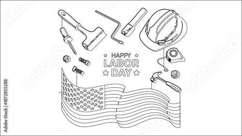 Happy Labor Day text with American flag worker tools