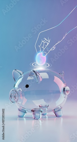 Hand drops coin into glass piggy bank, futuristic concept