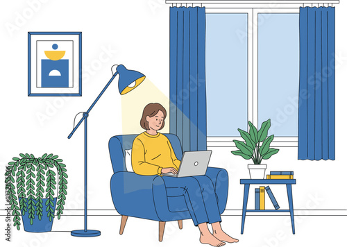 Woman Working on Laptop at Home Cozy Living Room Interior Remote Work Lifestyle Flat Vector Illustration