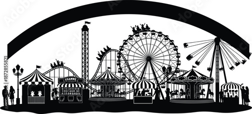 Black and white of a lively carnival with a Ferris wheel roller coaster carousel and people enjoying rides and games