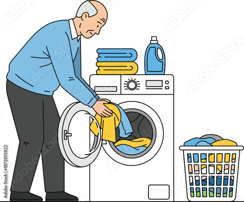Elderly Man Doing Laundry at Home Using Washing Machine Household Chores Flat Vector Illustration