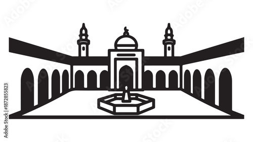 Minimalist Black Vector Icon of Islamic Mosque Courtyard with Fountain