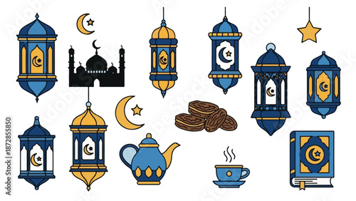 Blue and Gold Islamic Ramadan Festival Elements Flat Illustrations