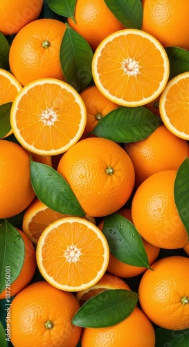 Wallpaper Mural Fresh Oranges with Green Leaves, Juicy Citrus Close-Up Torontodigital.ca