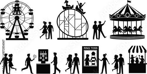 Black and white of couples enjoying various amusement park rides and games including a Ferris wheel, carousel, ring toss, and booth