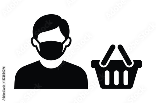 A vector illustration of a man wearing a mask with a shopping basket