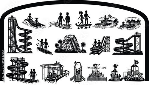 Black and white of people enjoying various water park slides and attractions