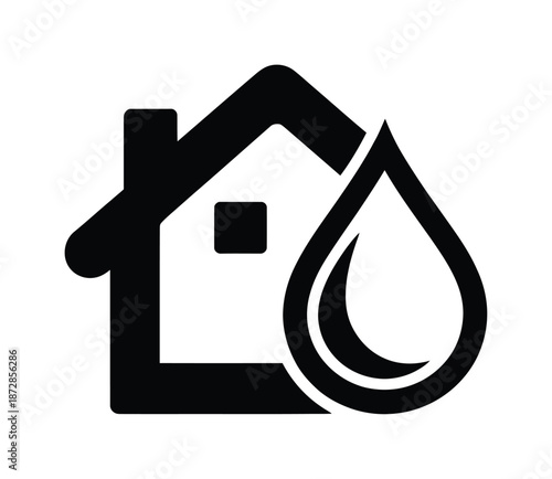 A black vector house icon with a water drop symbolizing protection
