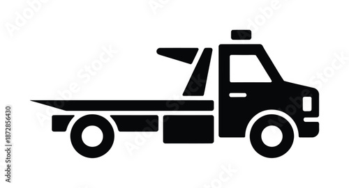 A black vector illustration of a flatbed tow truck.