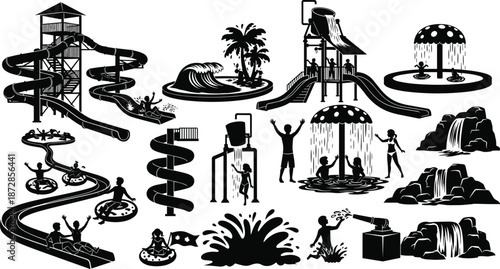Black and white of various water park attractions with children playing on slides and water