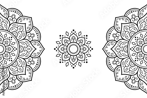 Circular pattern in form of mandala with flower for Henna, Mehndi, tattoo, decoration. Decorative ornament in ethnic oriental style. Outline doodle hand draw vector illustration.