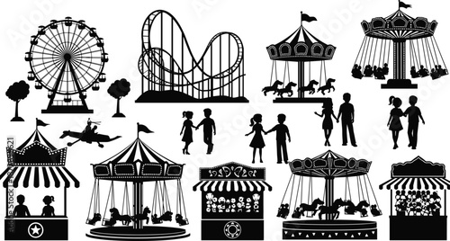 Black and white silhouette of amusement park rides and people walking together Ferris wheel roller coaster