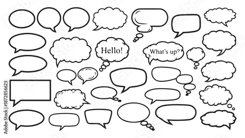 Collection of Black Outline Speech Bubbles and Thought Clouds