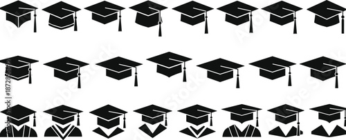Collection of graduation caps and academic regalia icons for education and achievement.