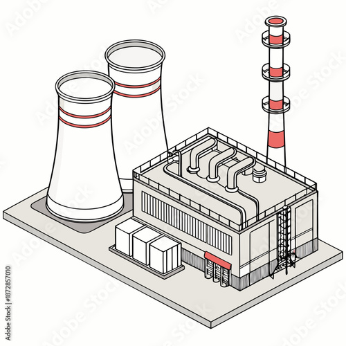 Isometric view of industrial energy facility with cooling towers and smokestack