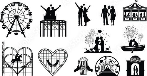 Black and white silhouettes of couples enjoying romantic activities and amusement park rides