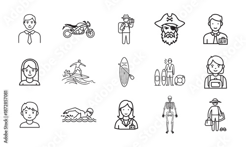 People and Activity Line Icons Set, Professions, Sports and Lifestyle Outline Symbols