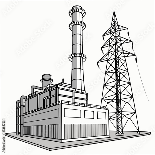 Energy plant infrastructure with realistic tower and power lines