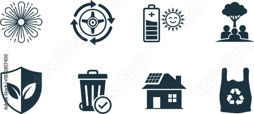 Set of environmental icons: recycling, solar energy, waste management, and nature protection.