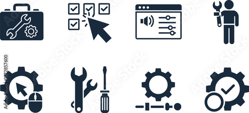 Set of service and repair icons: tools, settings, checklist, and technical support.