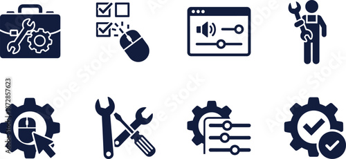 Set of icons representing business, technology, and service industry concepts, including tools and gears.