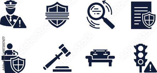 Legal and security icons featuring law enforcement, justice, and safety measures for protection and order.