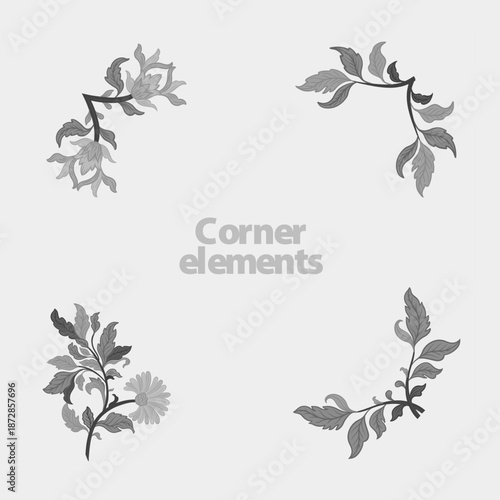 Mughal Floral Corner Ornaments Monochrome Vector Set