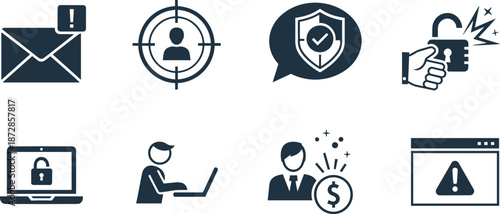 Cybersecurity and finance icons illustrating data protection, online security, and financial success concepts.