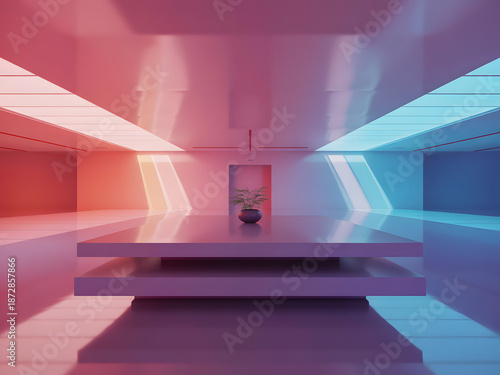 Modern Interior with Colorful Illumination: A minimalist interior bathed in a gradient of vibrant colors. The design, with clean lines and a sense of vastness.