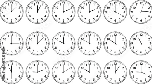 Collection of analog clocks showing various times on a white background, graphic illustration