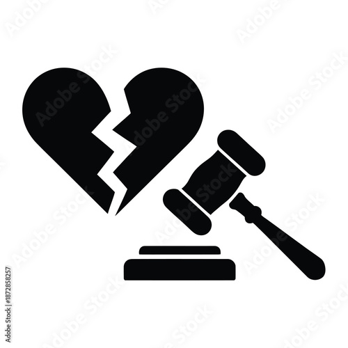 Broken heart vector symbol with judge gavel on wooden stand